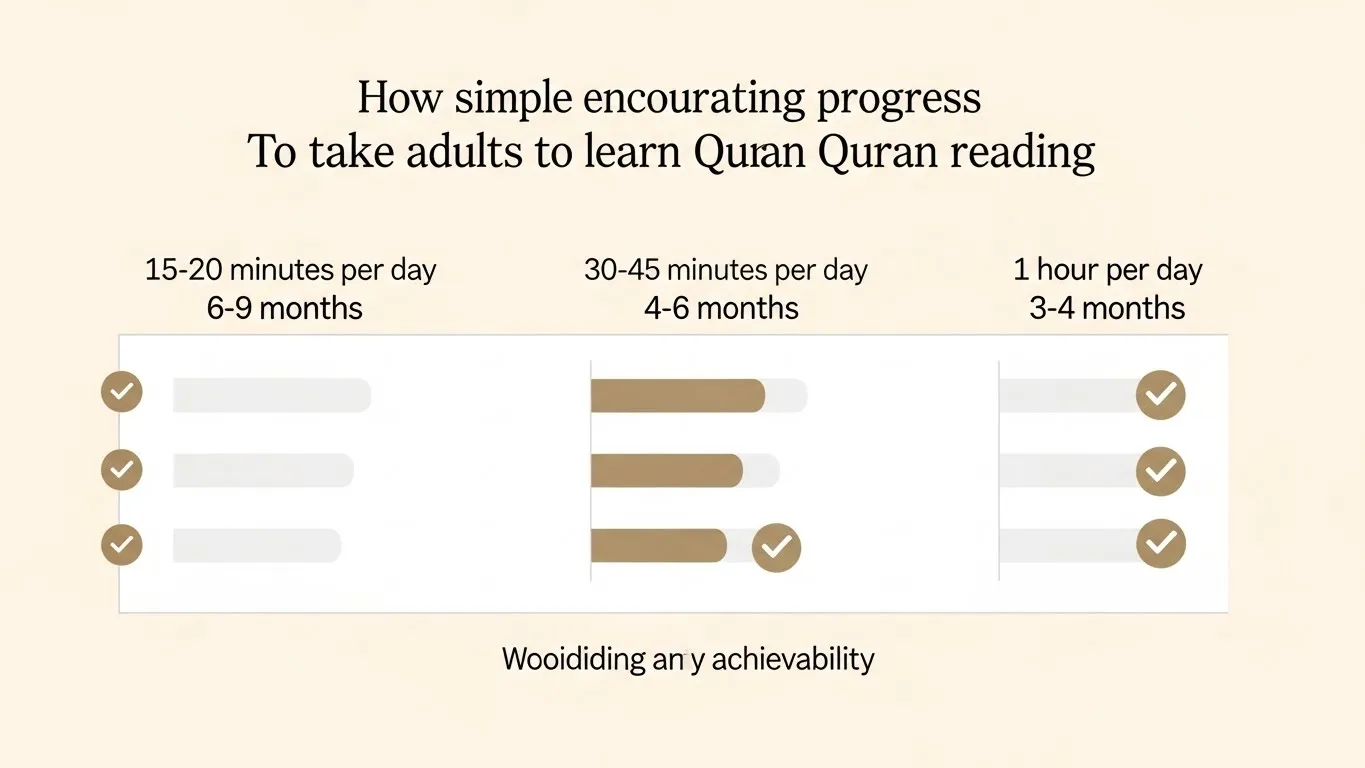 Quran reading progress timeline showing how long it takes adults to learn
