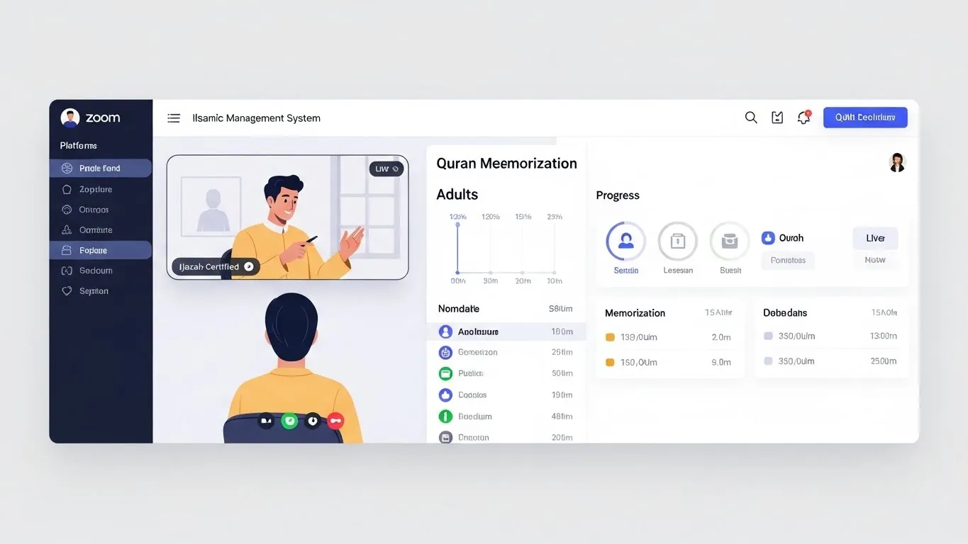 Quran Book Academy online Quran classes tech stack showing Zoom, LMS, and Gmail reports