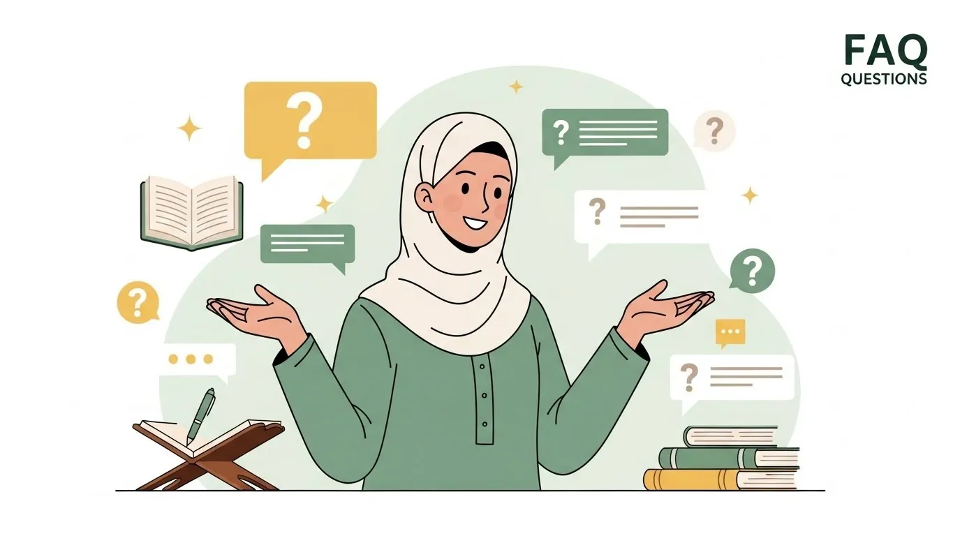 Frequently asked questions illustration representing common questions about new Muslim programs including Arabic requirements, program duration, and free trial information