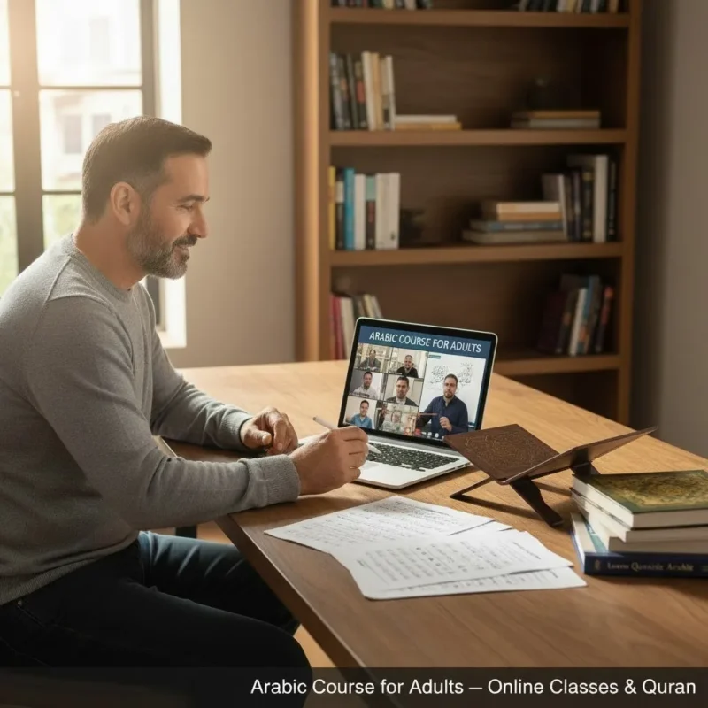 Online Arabic course for adults with a focus on Quranic reading and modern digital learning.