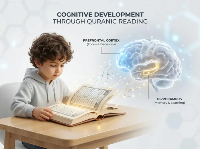 Infographic showing how reading Quran improves memory and cognitive function in children