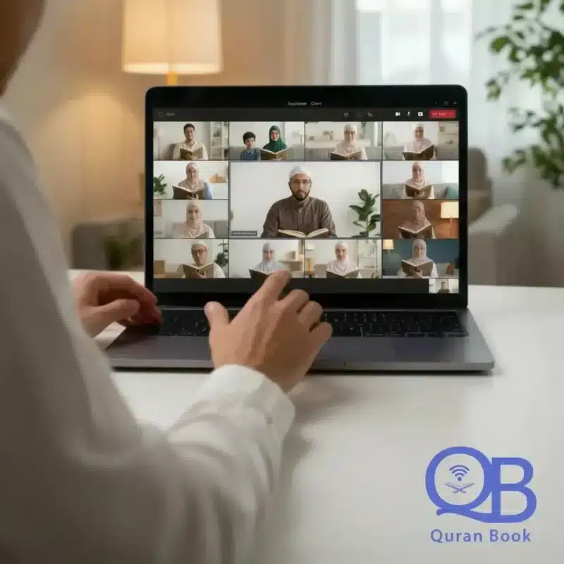 A free online Quran reading circle (Maqraa) with diverse students and a teacher on a video call.