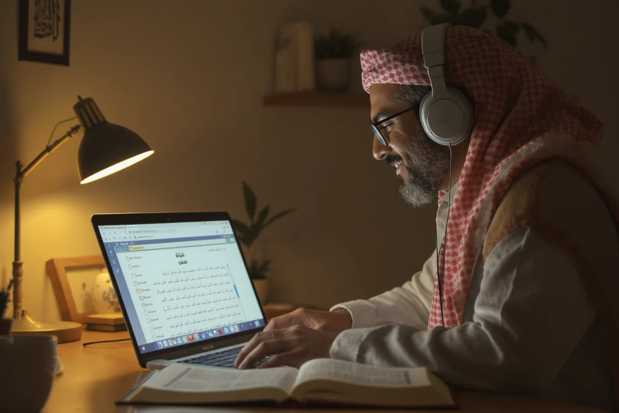 Adult Muslim learning tajweed for adults online with Quran and laptop