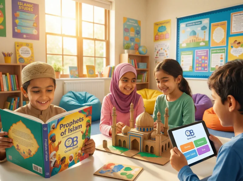 A vibrant classroom scene showing happy children engaged in Islamic Studies activities, such as reading illustrated books about prophets, learning Islamic manners, and working on creative projects. The “Quran Book” logo is clearly integrated on a book or screen, and the setting is modern, bright, and welcoming—ideal for young learners discovering Islamic history and values.