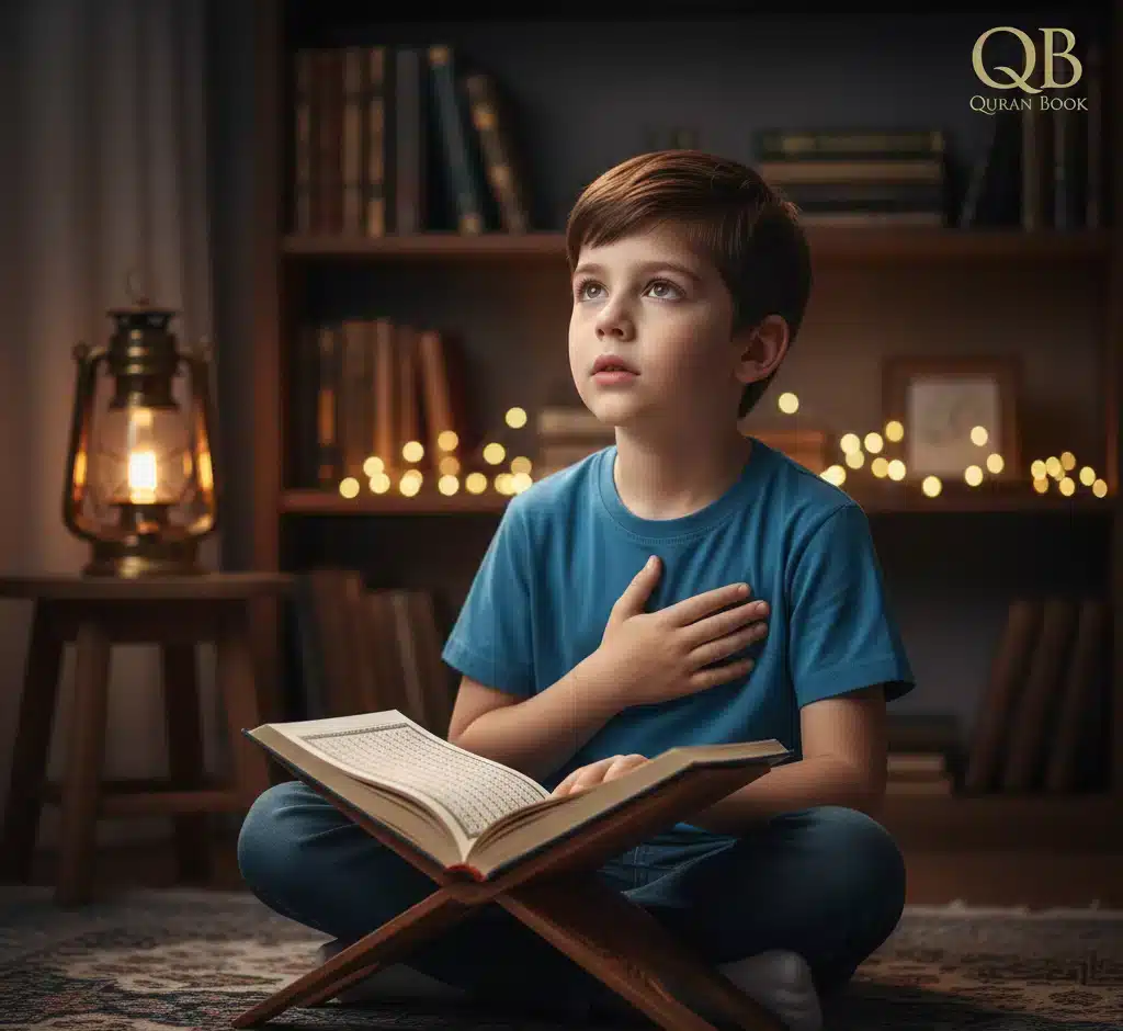 A student reading the Quran practicing Waqf and Ibtida with a peaceful expression.