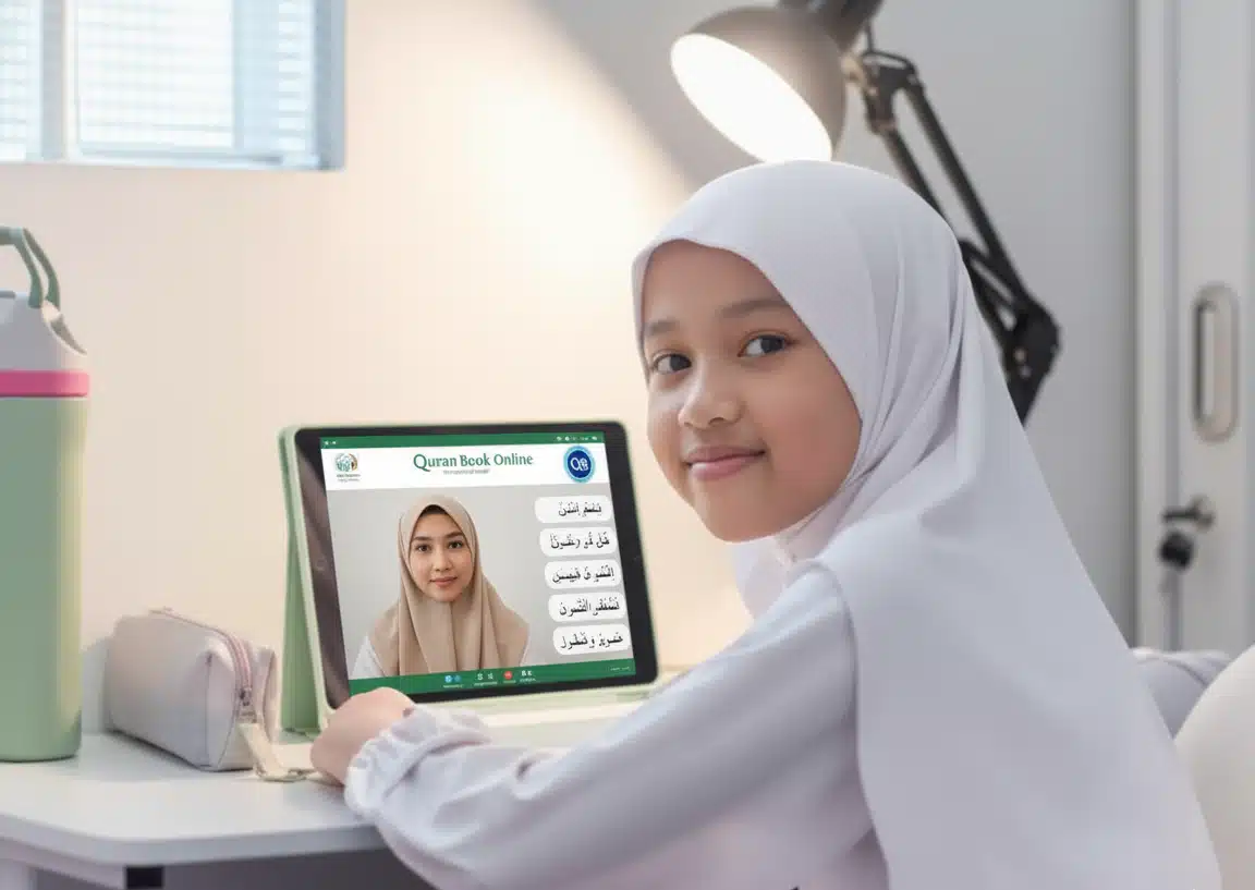 A young girl in a white hijab learning Quran online using a tablet during a kids' Islamic studies program.
