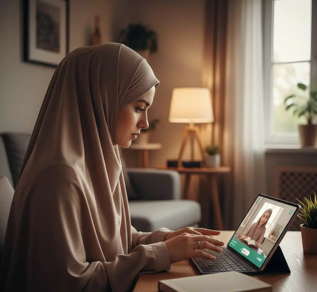 Quran Book online______Adult student attending a remote Islamic studies and Quran program via a live video session.