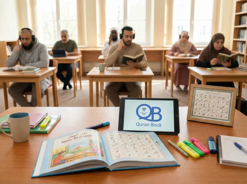 Adult students using headphones and books to learn Noorani Qaida and Quran recitation in an online classroom setting.
