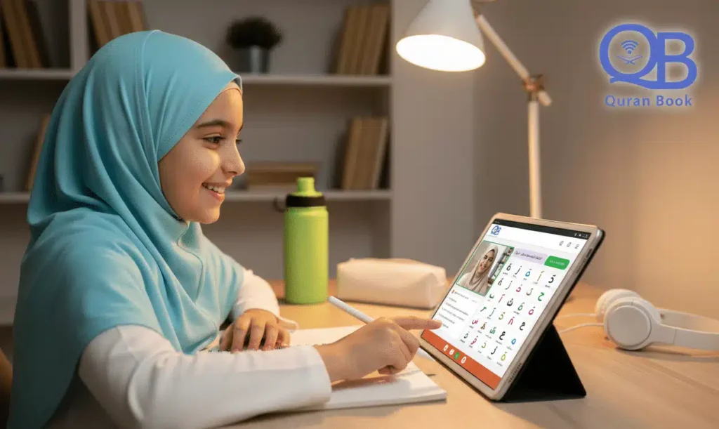Online Islamic and Quran Classes for Kids featuring digital Tajweed and Surah memorization lessons on a tablet.