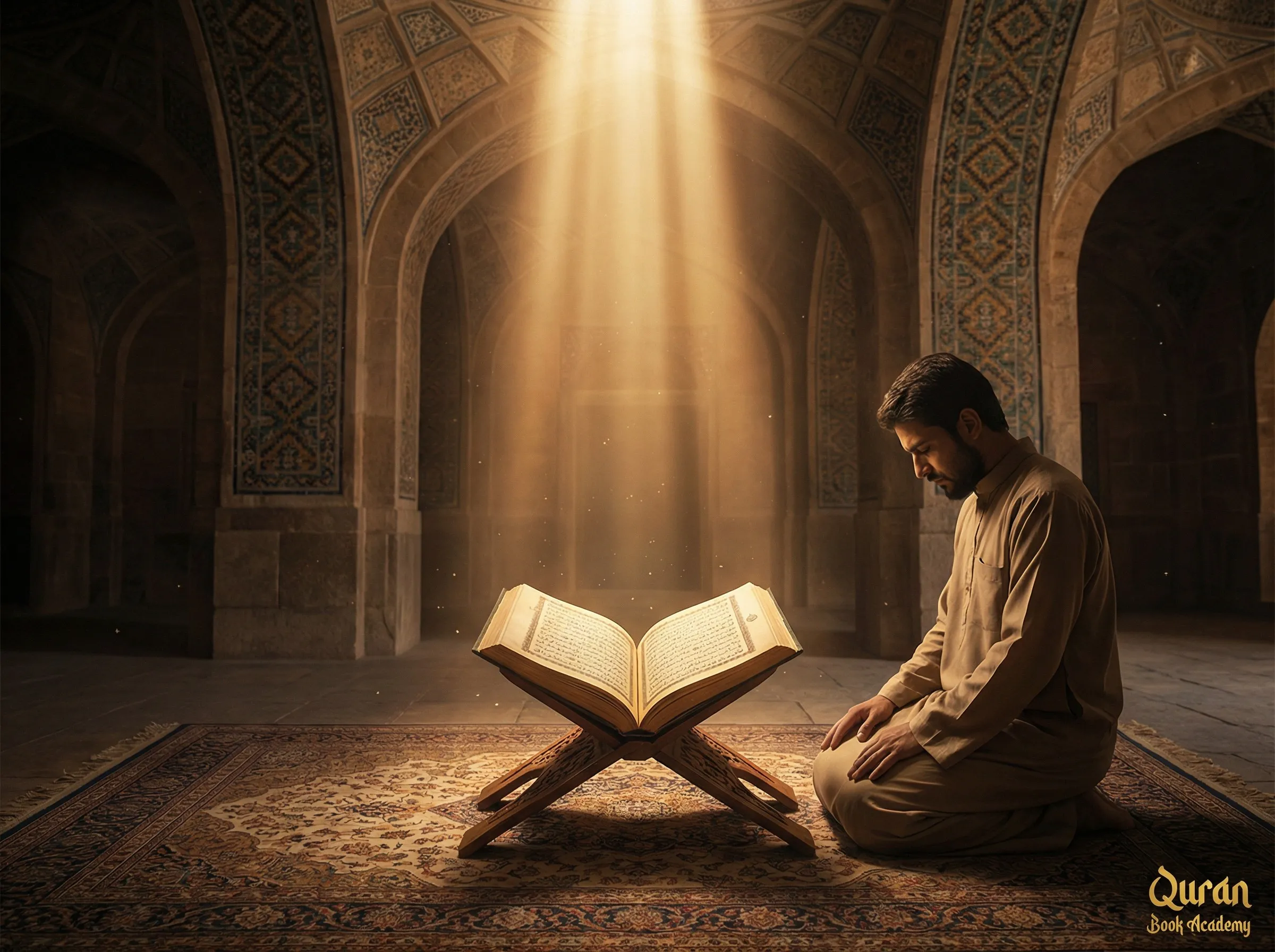 Reward for learning Quran – open Quran with prayer beads and soft light representing spiritual rewards