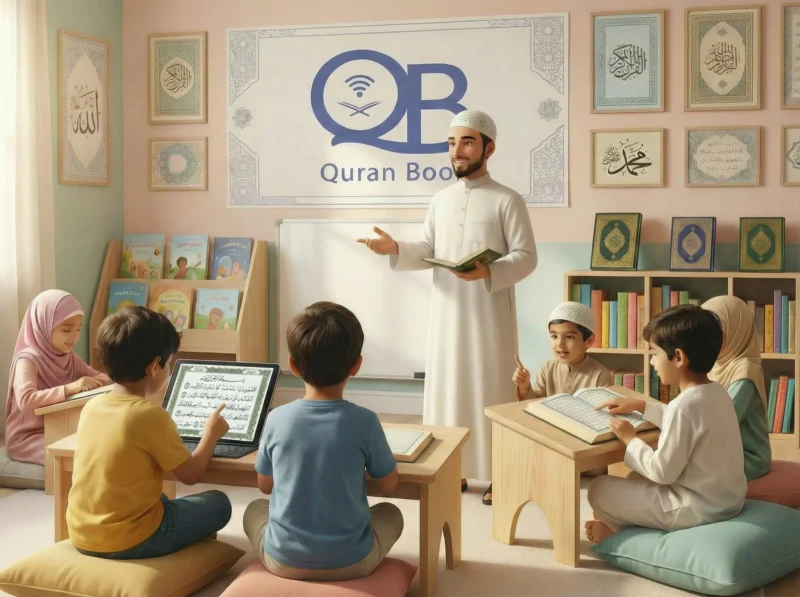 An engaging Quran memorization course for kids, showing a teacher guiding young students in a bright, modern classroom with books, a tablet, and the Quran Book logo.
