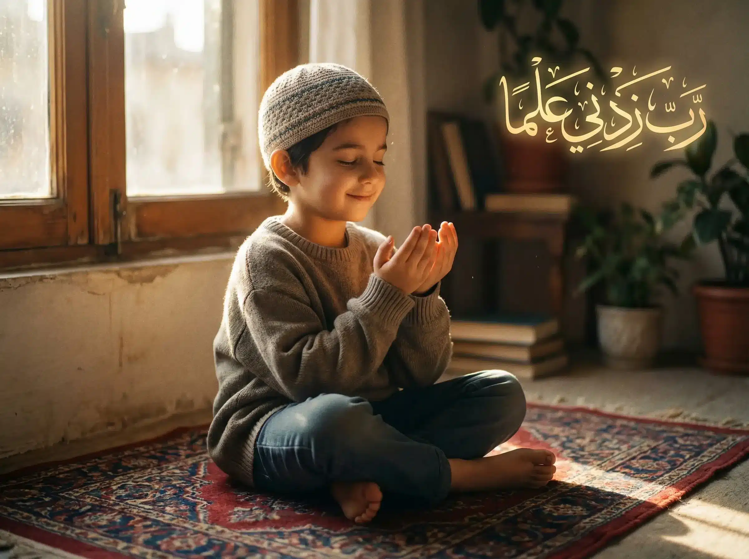Child making Quran memorization dua Rabbi Zidni Ilma for success in Hifz journey