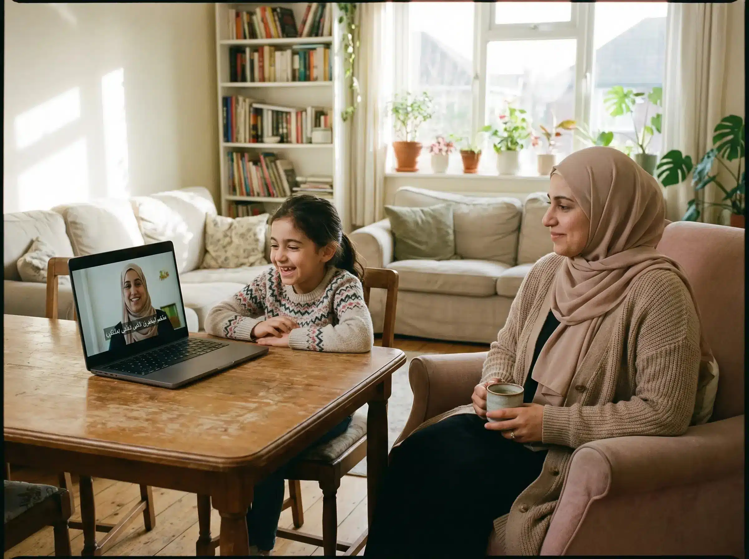 Child taking quran memorization online course from comfortable home environment with parent support
