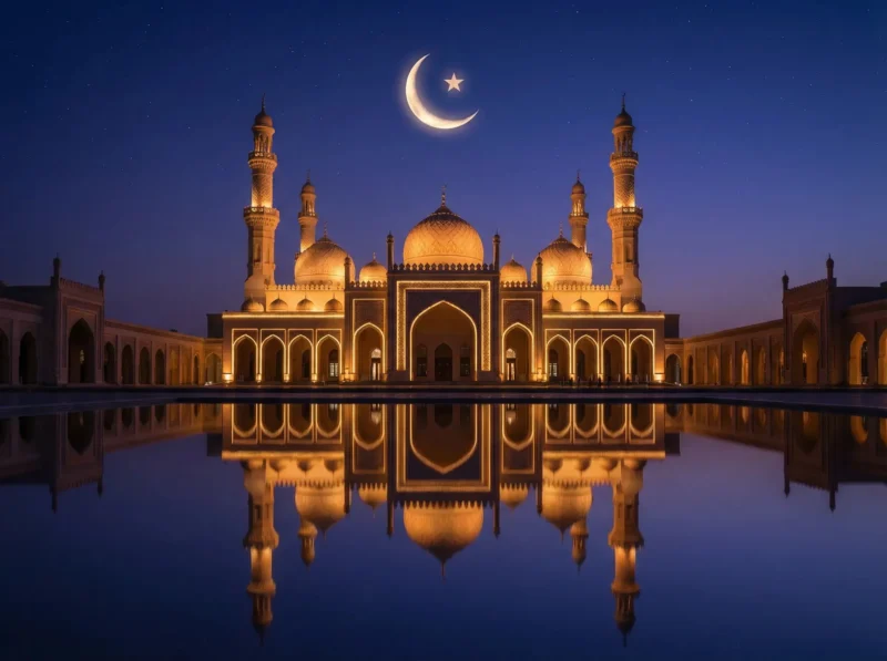 Last 10 days of Ramadan - Muslims praying in a beautifully lit mosque during Ramadan nights
