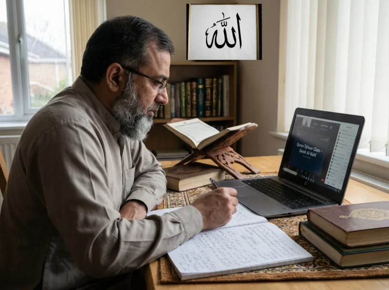A focused adult student attending an online Tafseer (Quran Explanation) class, with books and notes visible on the table, emphasizing deep religious study.