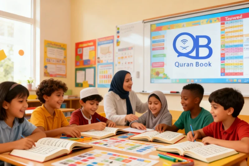 A realistic classroom scene featuring children of various backgrounds studying Tajweed with open Quran books and colorful instructional charts around them. The teacher guides them in Tajweed rules while the “Quran Book” logo is prominently visible on a poster or digital screen in the classroom, creating a professional and inviting atmosphere for young learners.