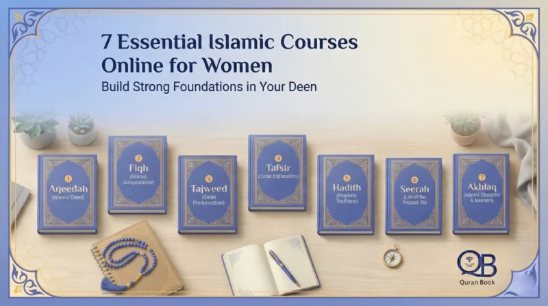 7 essential Islamic courses online for women including Fiqh, Aqeedah, Tafsir, and Hadith