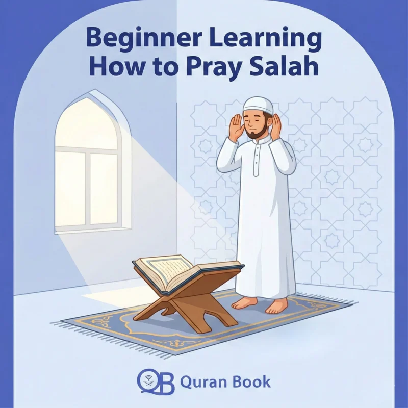 A beginner learning how to pray salah reading a prayer guide at home