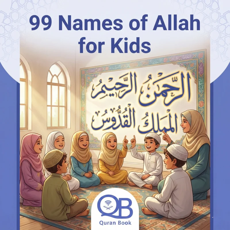 99 names of Allah for kids displayed on colorful Islamic poster