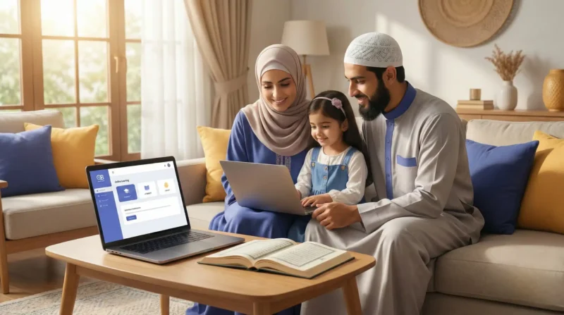Benefits of learning Quran online – Muslim family studying Quran together on laptop at home