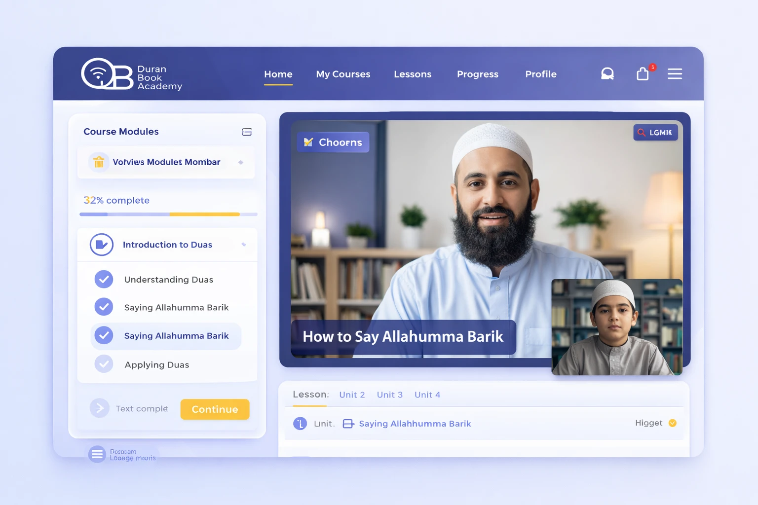 Custom LMS progress tracking dashboard at online Islamic school Quran Book Academy