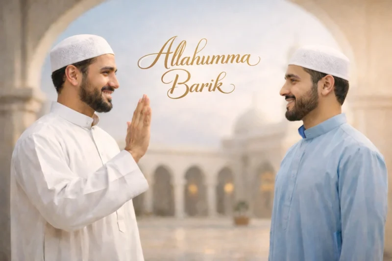 Muslims exchanging Allahumma Barik blessing greeting
