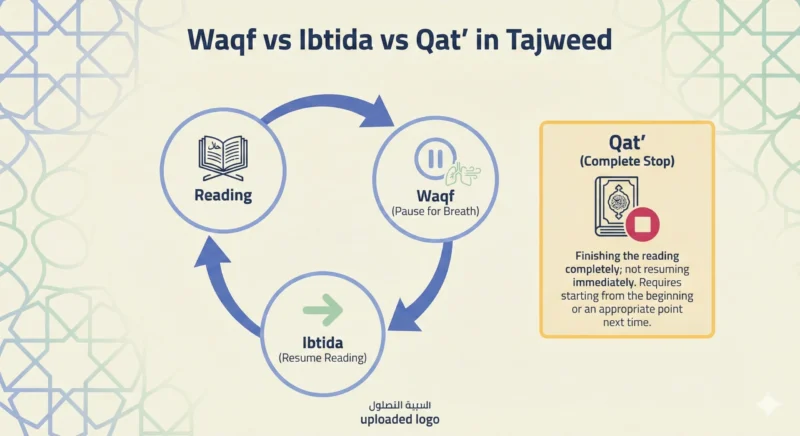 Diagram showing difference between Waqf, Ibtida, and Qat in Tajweed stopping rules.
