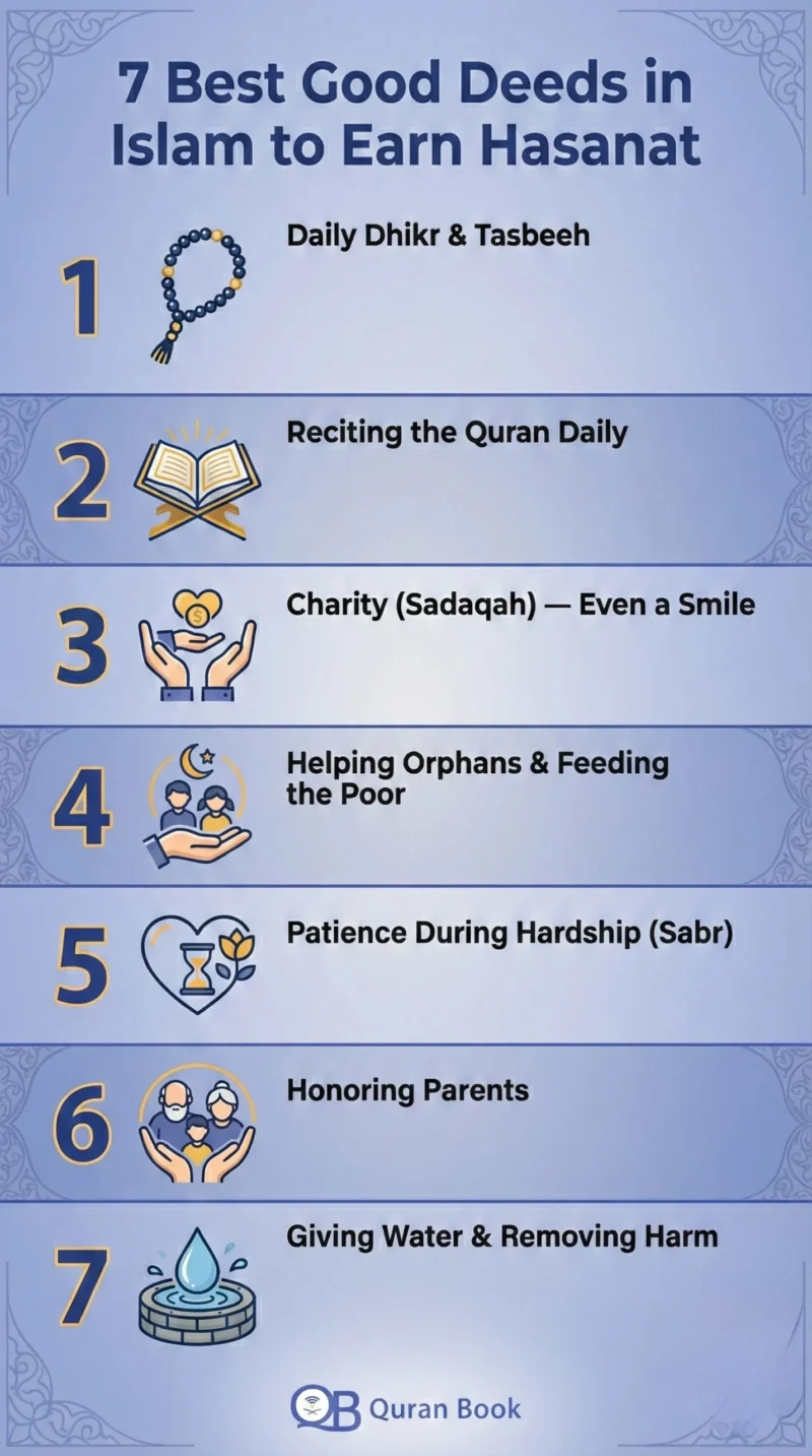 Best good deeds in Islam – 7 powerful ways to earn hasanat including charity, dhikr, and Quran recitation