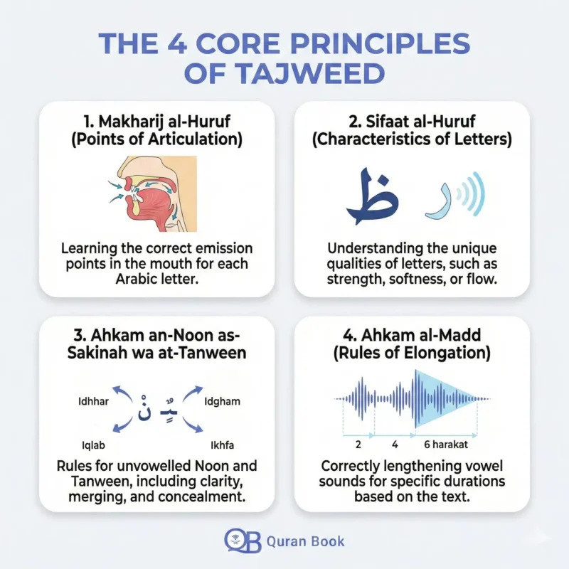 Infographic showing the 4 core principles of Tajweed for learning Quran with Tajweed