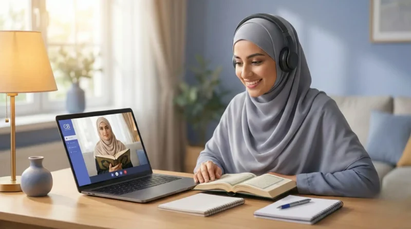 Online Quran classes for ladies — Muslim woman learning Quran on laptop at home