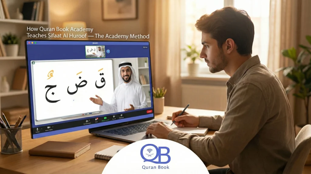 Learn Quran with tajweed – Quran Book Academy live Zoom session teaching Sifaat Al Huroof