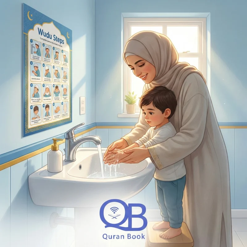 Muslim kids learning wudu ablution step by step before salah