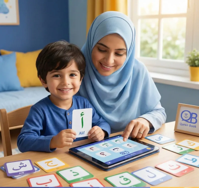 Best methods to teach Arabic to kids — child learning Arabic letters at home with a parent