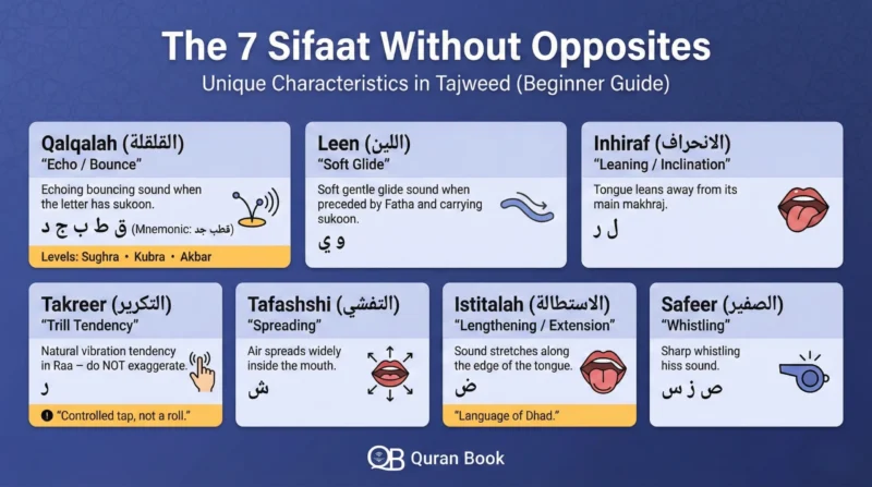 The 7 Sifaat without opposites including letters of qalqalah and tajweed rules for beginners