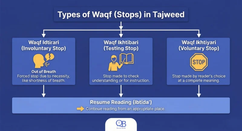 Chart explaining Waqf Idtirari, Waqf Ikhtibari, and Waqf Ikhtiyari in Tajweed.