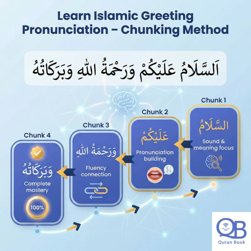 Learn Islamic greeting pronunciation with Quran Book Academy - psychology-based chunking method for Arabic learning