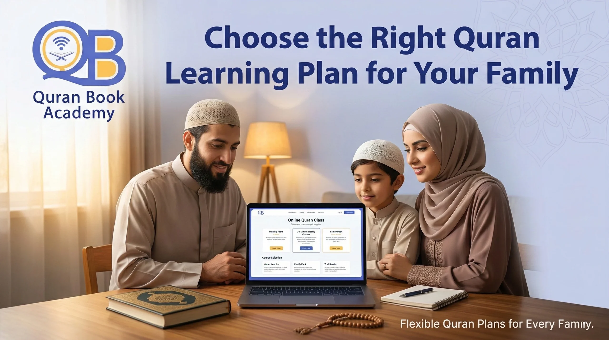 Online Quran classes fees — Muslim family choosing the right affordable plan for kids and adults together