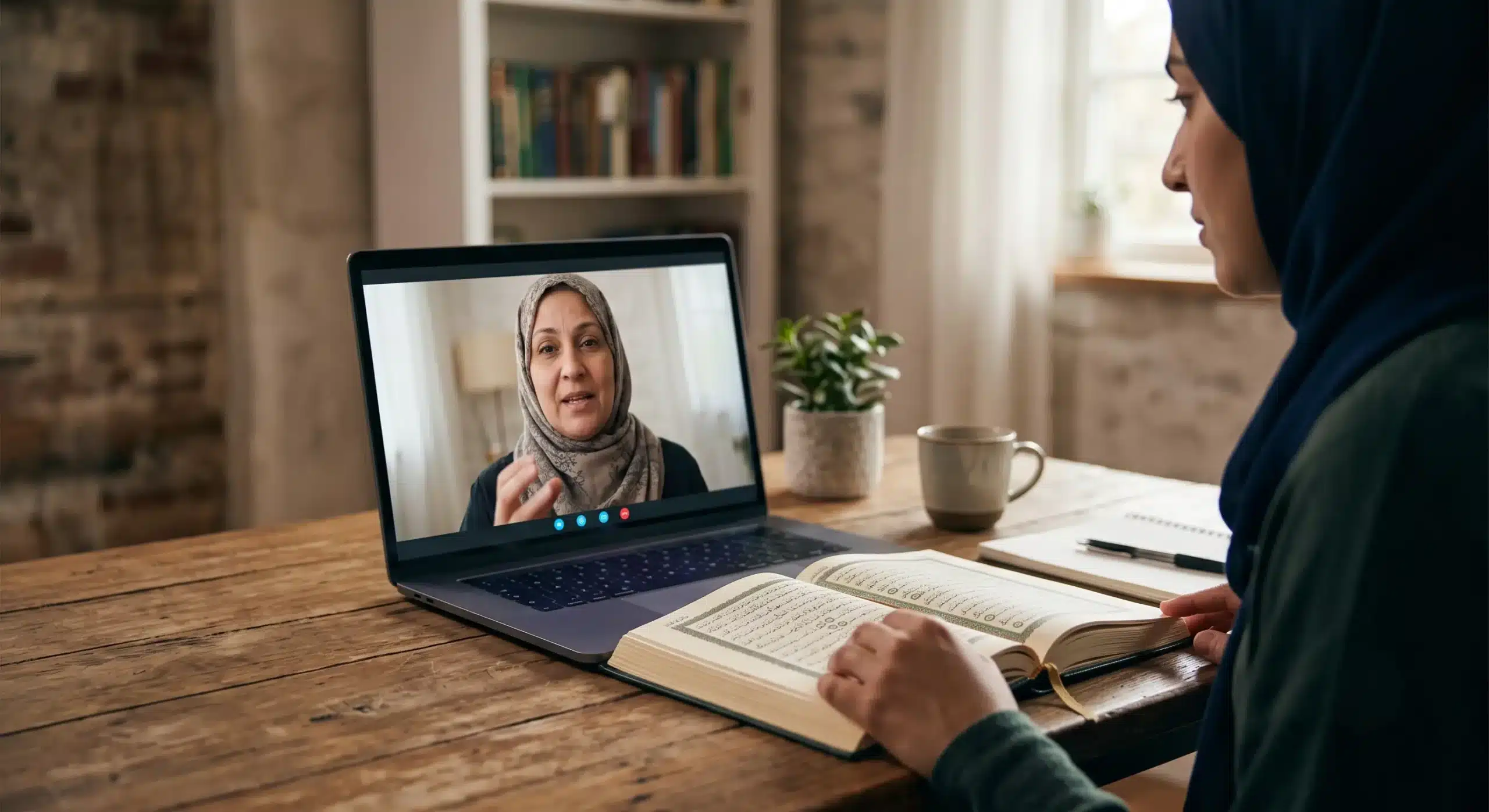 Al-Azhar certified teacher correcting Quran pronunciation in a live online lesson during a dua qunoot lesson