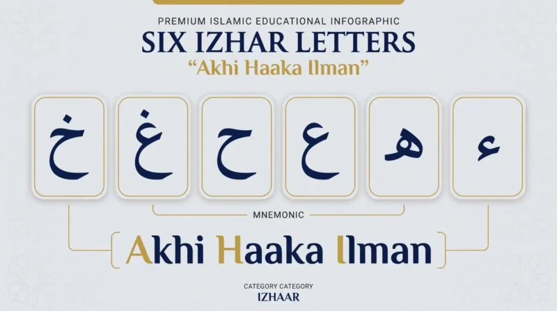 The 6 Izhar letters chart with Akhi Haaka Ilman mnemonic
