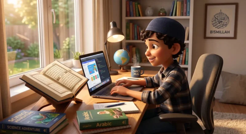 Child learning Quran tafseer for kids in an online class with a teacher