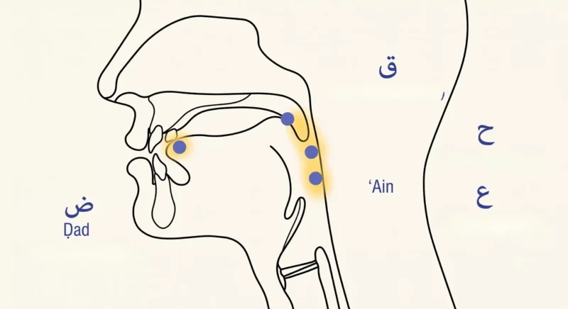 Arabic throat letters ain, haa, qaf and dad pronunciation points diagram