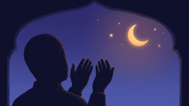 Dua Qunoot recited with hands raised during Witr prayer at night