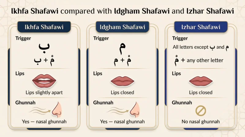 Ikhfa Shafawi compared with Idgham Shafawi and Izhar Shafawi in Tajweed
