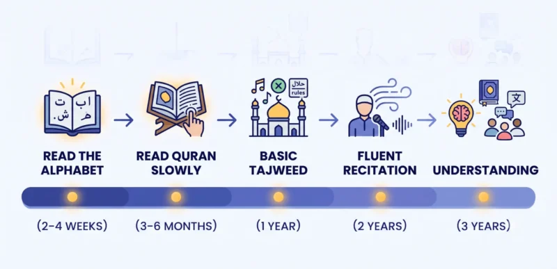 How long it takes to learn Arabic — realistic timeline from alphabet to fluent Quran recitation
