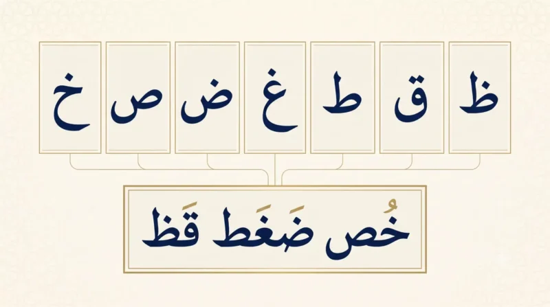 The 7 Tafkheem letters in Arabic with Khussa Dhaghtin Qidh mnemonic