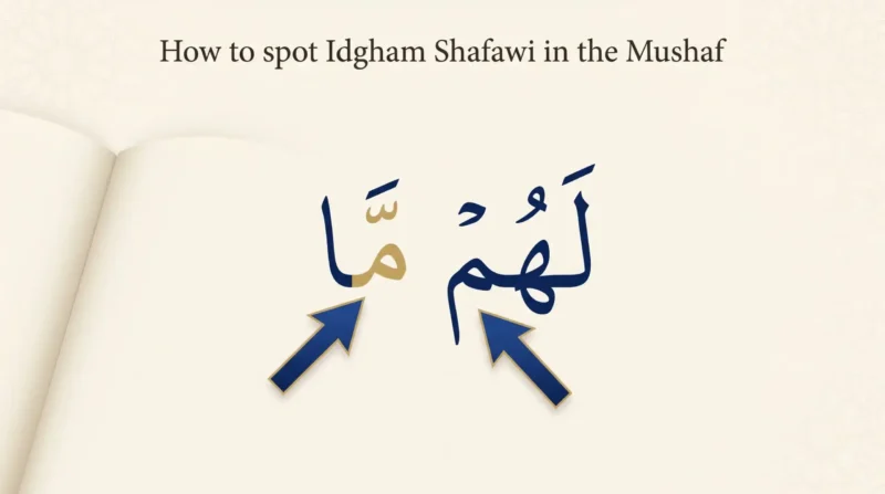 How to spot Idgham Shafawi in the mushaf by the shaddah on the second meem