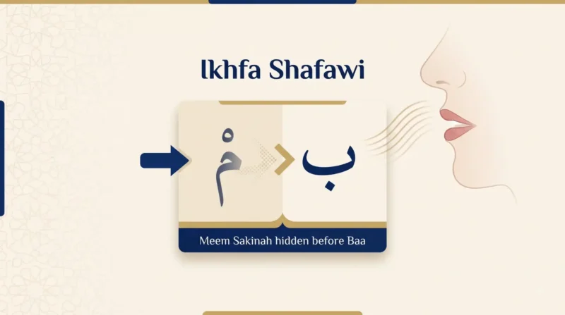 Ikhfa Shafawi rule showing meem sakinah hidden before ba with lips slightly apart in Tajweed