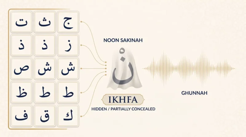 Ikhfa letters in Arabic Tajweed hidden Noon Sakinah diagram