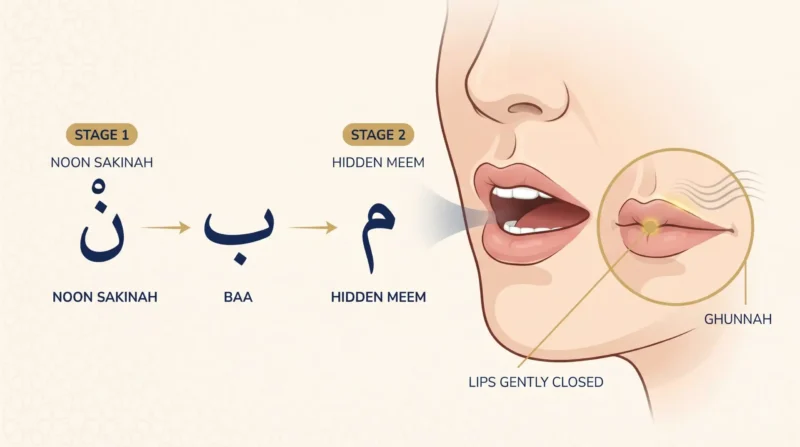 Correct Iqlab lip position hidden Meem pronunciation