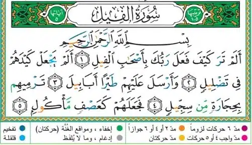 Meem Sakinah Quran examples colour coded in Surah Al-Fil